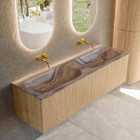 Badmeubel Mondiaz Kurve-Dlux | 150 cm | Meubelkleur Oak | Wastafelkleur Sombra | Solid surface | Wasbak beide zijden spoelbak | Zonder kraangat(en)