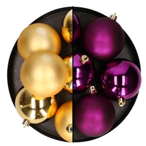 Kerstballen - 12x st - 8 cm - goud en paars - kunststof