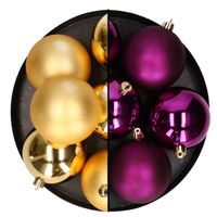 Kerstballen - 12x st - 8 cm - goud en paars - kunststof - thumbnail