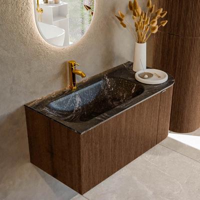 Badmeubel Mondiaz Kurve-Dlux | 95 cm | Meubelkleur Walnut | Wastafelkleur Lava | Solid surface | Links spoelbak | 1 kraangat