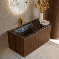 Badmeubel Mondiaz Kurve-Dlux | 95 cm | Meubelkleur Walnut | Wastafelkleur Lava | Solid surface | Links spoelbak | 1 kraangat