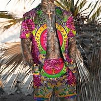 Voor heren Overhemdset Hawaiiaans overhemd Bloemig Tribal Grafische prints Cubaanse kraag Wit Geel Fuchsia Oranje Koffie Straat Casual Korte mouw Afdrukken Kleding Tropisch Modieus Hawaii Ontwerper Lightinthebox