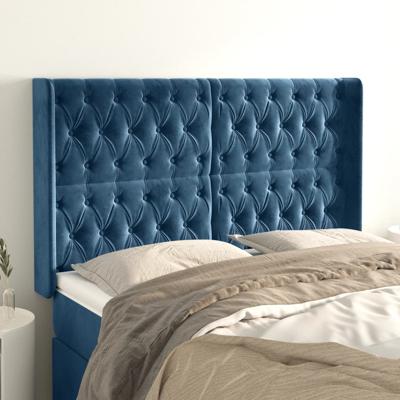 Hoofdbord met randen 147x16x118/128 cm fluweel donkerblauw