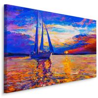 Schilderij - Zeilboot op kleurrijke zee (print op canvas), prachtige wanddecoratie - thumbnail