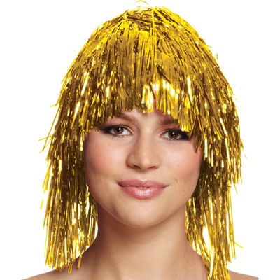 2x stuks dames tinsel/folie carnaval pruik - goud kleur - disco/eighties 2x stuks dames tinsel/folie carnaval pruik - goud kleur - disco/eighties
