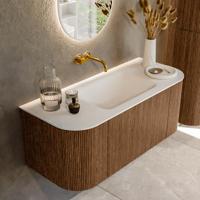 Mondiaz KURVE 110 cm Onderkast Greeploos 1 Lade Met Deuren Walnut, Wastafel Solid Surface Midden Talc 0 Kraangaten Zonder Spiegel (KRVCLO110L+R1L2D0KM-Wal/Tal)