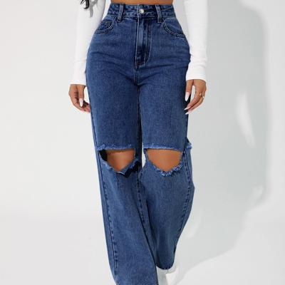 Petite High Waist Straight Leg Mom Jeans - Dark Wash Distressed Denim Dark Wash / Petite M