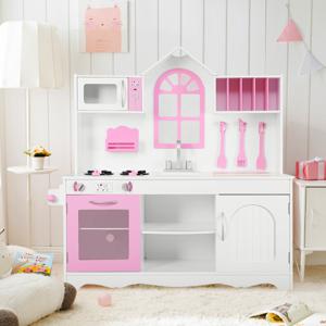 Kinderkeuken Houten Keukenset met Doe Alsof-Keuken-Accessoires voor Peuters 3 Jaar+ 109 x 32 x 106,5 cm Roze en Wit