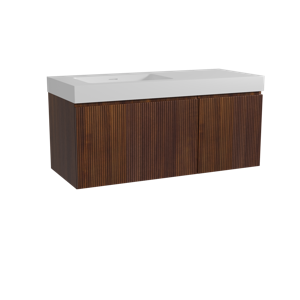 Storke Ribs zwevend badmeubel 120 x 52 cm notenhout met Mata High asymmetrisch linkse wastafel in solid surface mat wit, Verticale symmetrische rechte ribbel