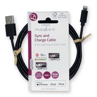 Nedis Lightning Kabel | USB 2.0 | Apple Lightning 8-Pins | USB-A Male | 480 Mbps | Vernikkeld | 2.00 m | Rond | PVC | Zwart | Label - CCGL39300BK20 - thumbnail