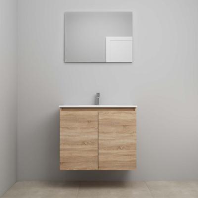 On-Line Badkamermeubelset - 80 cm - Bouwpakket - Greeploos 2 Deuren - Porseleinen Wastafel - 1 Kraangat - Spiegel - Eiken