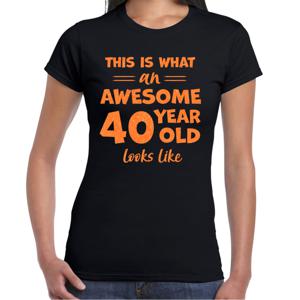 Verkleed T-shirt voor dames - leeftijd 40 jaar - awesome - zwart - glitter oranje - Verjaardagsfeest