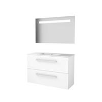 Basic-Line Economic 39 Badkamermeubelset - Ondiep - 100 x 39 cm - Met Grepen - 2 Lades - Keramische Wastafel - 1 Kraangat - Spiegel met LED Verlichting - Ice White