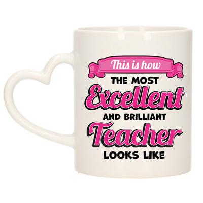 Cadeau koffie/thee mok - excellent leraar/mentor - roze - keramiek - 300 ml