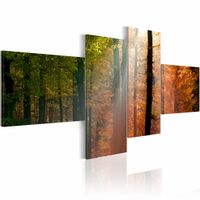 Schilderij - Zonnestralen door de Bomen, 4luik , groen oranje , premium print op canvas - thumbnail