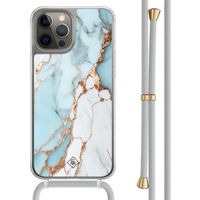 iPhone 12 (Pro) hoesje met grijs koord - Marmer lichtblauw