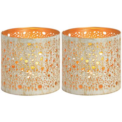 2x Theelichthouders/waxinelichthouders windlichten metaal wit/goud rondjes/druppels patroon 11 cm