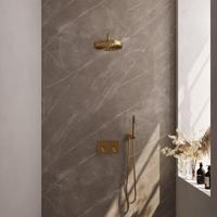 BRAUER Stripe Thermostatische Inbouw Regendouche - drukknoppen - SET 26 - 25cm douchekop - gebogen muurarm - staaf handdouche - doucheslang - wandaansluitbocht - goud geborsteld PVD 5-GG-415