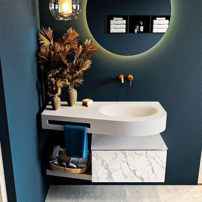 MONDIAZ RIVA 100cm badmeubel onderkast / planchet kleur carrara met 1 lade. Wastafel DULCET rechts 0 kraangaten kleur Talc.