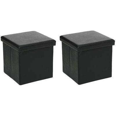 Poef/hocker - 2x - opbergbox - zwart - polyester/mdf - 38 x 38 cm - opvouwbaar
