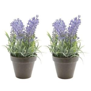 Bellatio Kunstplant - 2x stuks - lavendel - paars - 17 cm - in pot - lavandula