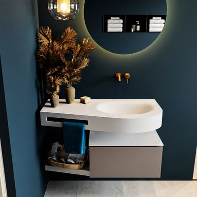 MONDIAZ RIVA 100cm badmeubel onderkast / planchet kleur Smoke met 1 lade. Wastafel DULCET rechts 0 kraangaten kleur Talc. MONDIAZ RIVA 100cm badmeubel onderkast / planchet kleur Smoke met 1 lade. Wastafel DULCET rechts 0 kraangaten kleur Talc.