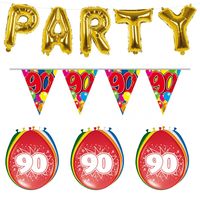 Verjaardag feestversiering 90 jaar PARTY letters en 16x ballonnen met 2x plastic vlaggetjes - thumbnail