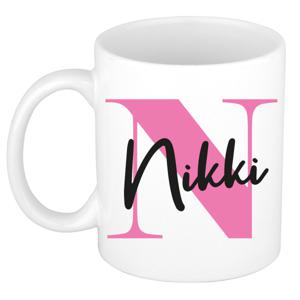 Naam mok Nikki - roze - wit - keramiek - 300 ml - verjaardag/cadeau beker