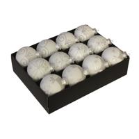 Othmar Decorations Kerstballen 12x - wit met zilver - 7,5 cm - glas - luxe gedecoreerde kerstballen