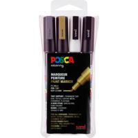 uni Posca PC-3M acryl paint marker, 0.9-1.3mm, doos à 4 stuks, inhoud: zwart, wit, zilver, goud - thumbnail