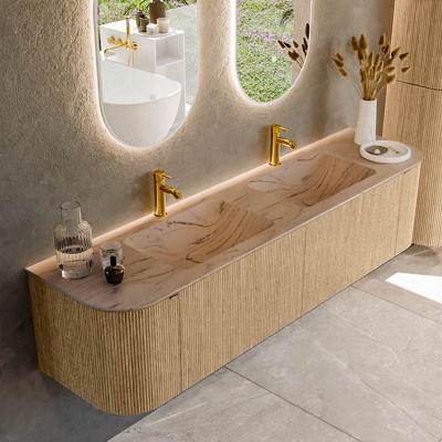 Badmeubel Mondiaz Kurve-Dlux | 180 cm | Meubelkleur Oak | Wastafelkleur Arena | Solid surface | Wasbak beide zijden spoelbak | 2 kraangaten