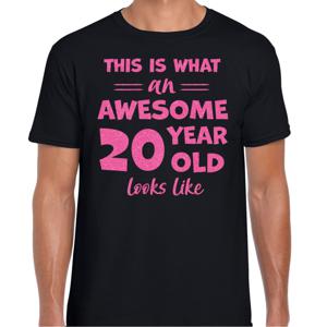 Cadeau T-shirt voor heren - leeftijd 20 jaar - awesome - zwart - glitter roze - Verjaardagsfeest