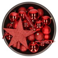 33x stuks kunststof kerstballen rood met ster piek 5-6-8 cm mix - thumbnail