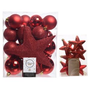 Kerstversiering kunststof kerstballen met piek rood 5-6-8 cm pakket van 39x stuks