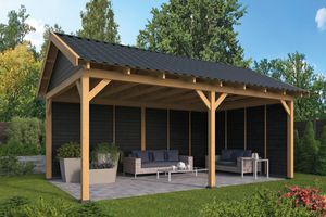 Lariks/Douglas Overkapping Hamar XL type 2 zwart 678x445cm- Zadeldak- Onbehandeld lariks Douglas hout- Tuindeco