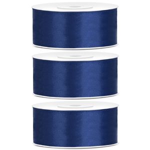3x Hobby/decoratie donkerblauwe satijnen sierlinten 2,5 cm/25 mm x 25 meter
