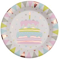 Santex feest wegwerpbordjes - verjaardagstaart - 10x stuks - 23 cm - rose goud   -