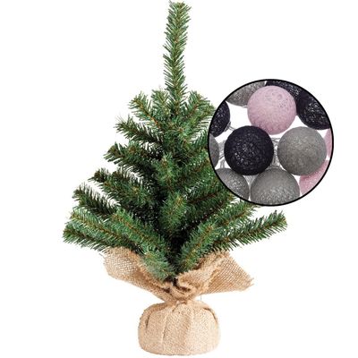 Mini kerstboom groen - met verlichting bollen grijs/lichtroze - H45 cm