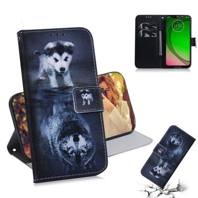 Wolf en hond patroon gekleurde tekening horizontale Flip lederen case voor Motorola Moto G7 spelen met houder & kaartsleuven & portemonnee