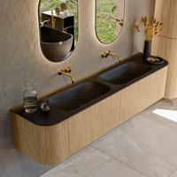 Mondiaz KURVE 190 cm Onderkast Greeploos 2 Lades Met Deuren Oak, Wastafel Solid Surface Dubbel Urban 0 Kraangaten Zonder Spiegel (KRVBGS190L+R2L2D0KD-Oak/Urb)
