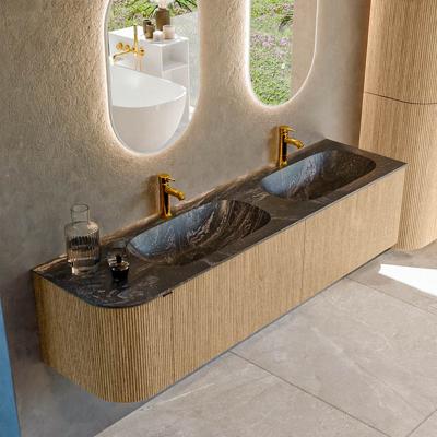 Badmeubel Mondiaz Kurve-Dlux | 175 cm | Meubelkleur Oak | Wastafelkleur Lava | Solid surface | Dubbele spoelbak | 2 kraangaten