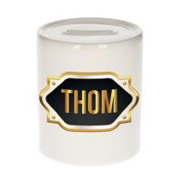 Spaarpot met voornaam Thom - wit - goud/zwart embleem - 8 x 9 cm - keramiek - afsluitdop