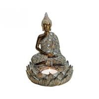 Boeddha beeld - bruin - zittend - met waxinelichthouder - 20 cm