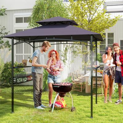 Grillpaviljoen met Dubbele Dak & Zijkasten & Metalen Mand Grilloverkappingen Grillonderstand Donkergrijs
