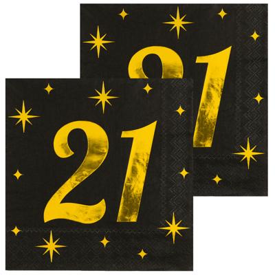 Verjaardag feest servetten - leeftijd 21 jaar - 32x stuks - zwart/goud - sterren - 33 x 33 cm