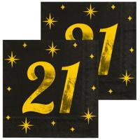 Verjaardag feest servetten - leeftijd 21 jaar - 32x stuks - zwart/goud - sterren - 33 x 33 cm