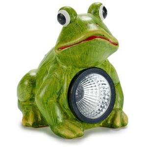 Tuinbeeld Solar lamp kikker - keramiek - 15 x 16 cm - groen - Lichtgevende dieren beeldjes