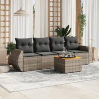5-delige Loungeset met kussens poly rattan grijs