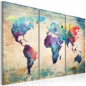 Schilderij - Wereldkaart - Regenboog Kaart, Multi-gekleurd, 3luik , premium print op canvas