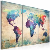 Schilderij - Wereldkaart - Regenboog Kaart, Multi-gekleurd, 3luik , premium print op canvas